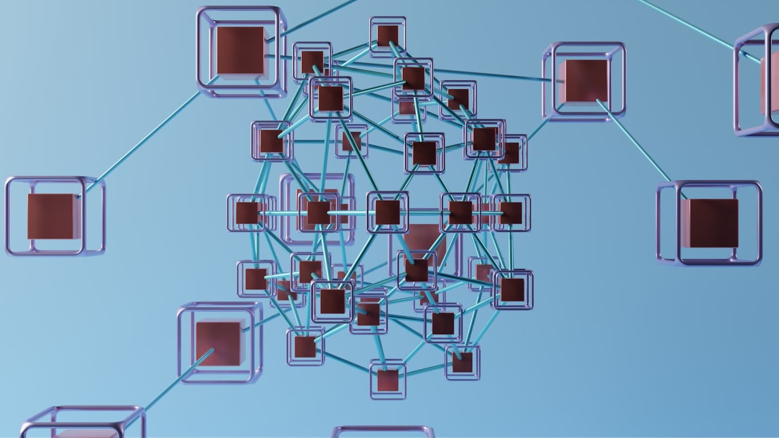 A 3D network of interconnected nodes representing enterprise architecture component modelling