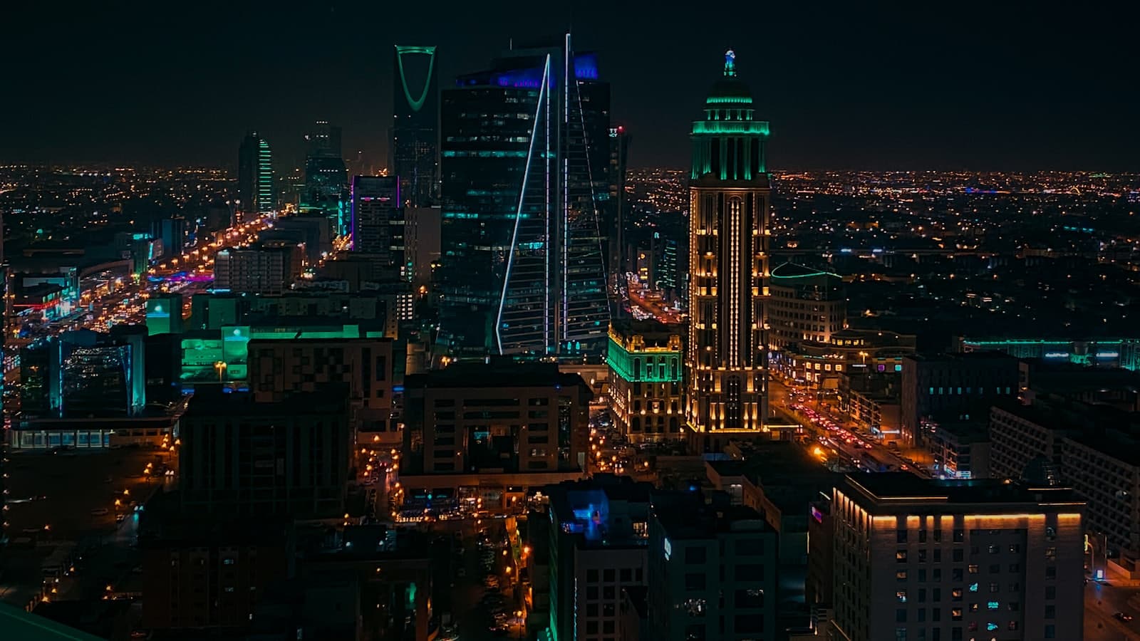 Riyadh skyline at night highlighting the King Abdullah Financial District towers